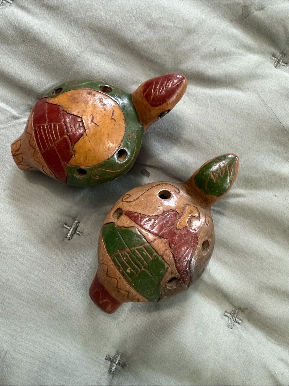 Handpainted Ceramic Turtle Ocarinas - Green, Red, Tan